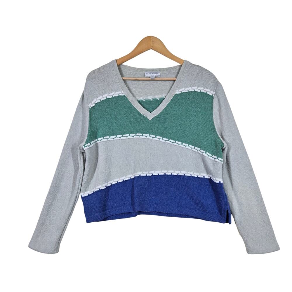 Y2K Vintage St John Sport Marie Gray Sweater XL Colorblock V Neck Coastal Prep